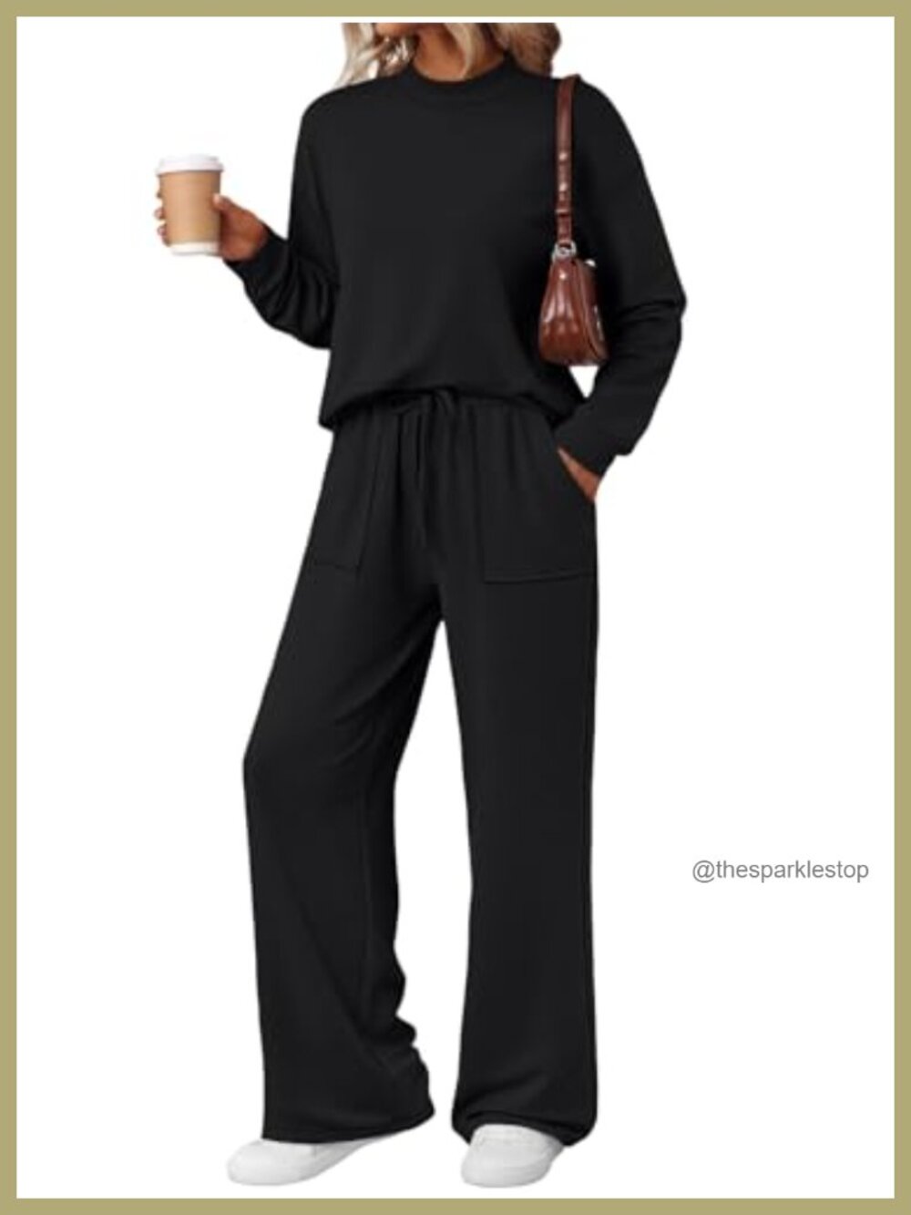 Lounge Set Mock Neck Top Wide Leg Drawstring Pants Pockets
